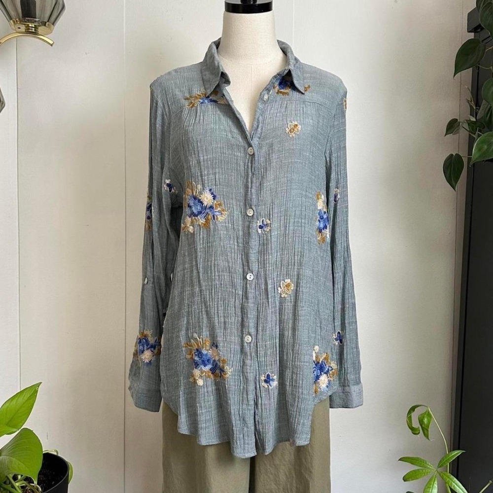 Anthropologie Fig and Flower Blue Floral Embroidered Tunic Shirt XL
